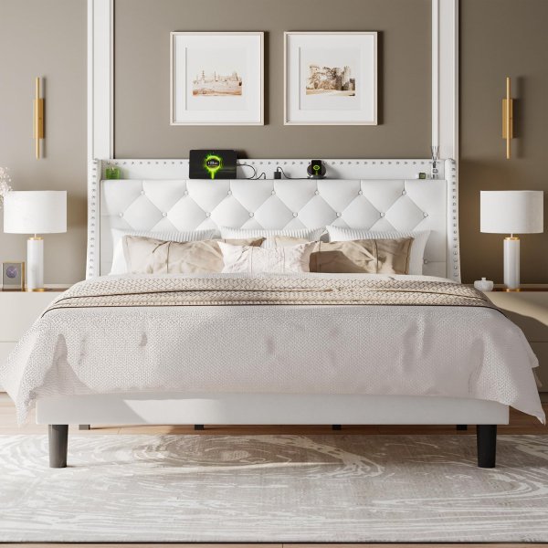 I870000749C5 - King Size Bed Frame With Velvet Luxury Wingback And Fast Charging Station - White