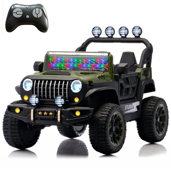 24v Two Seat Kids Ride on Car with 4wd Motor Remote Control and Led Lights - Dark Green