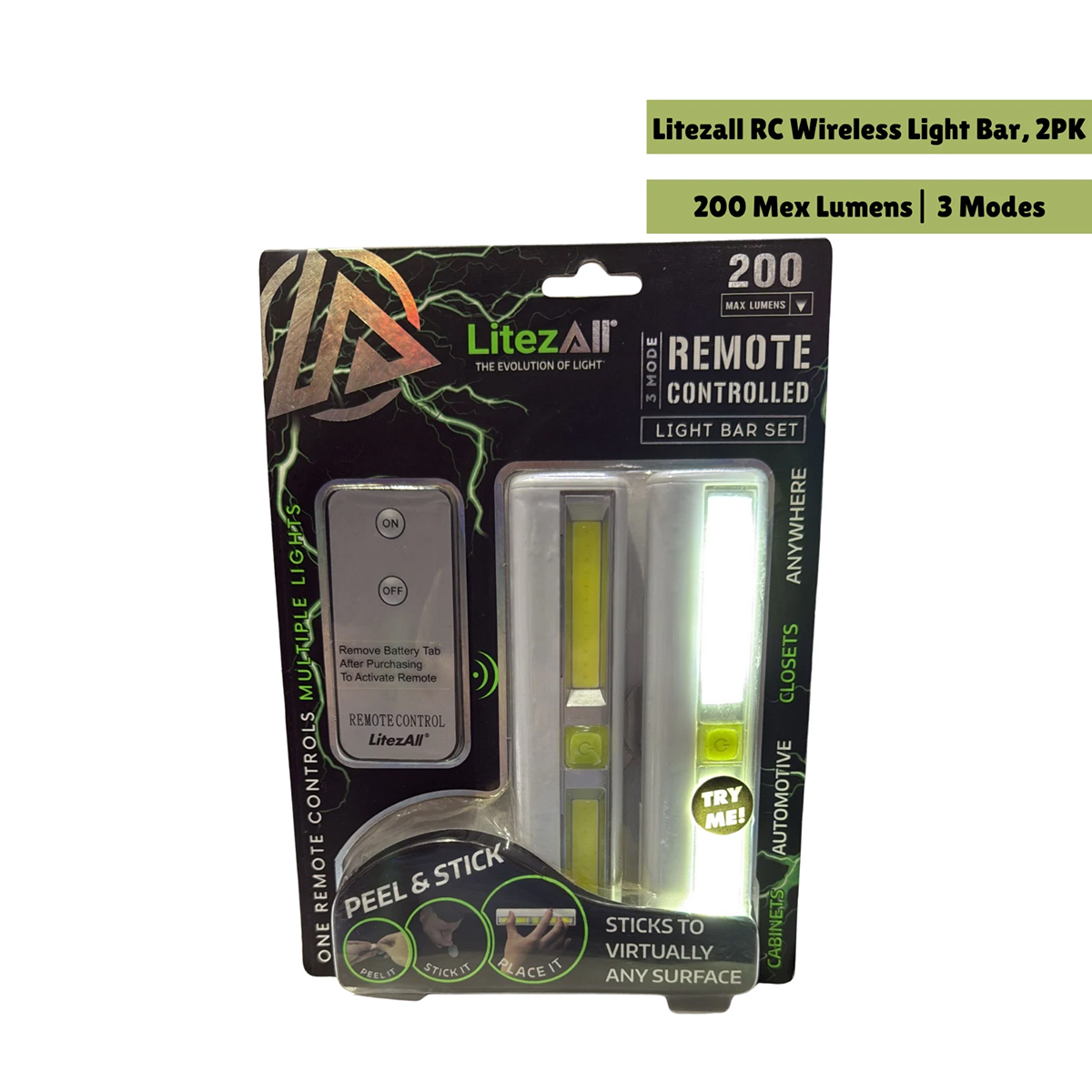 Litezall RC Wireless COB LED Light Bar - Adhesive Back, Remote Included 2 Pack