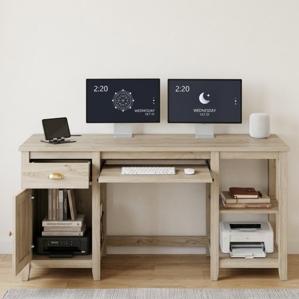 Nesture Grove 58-Inch Office Desk with Drawers, Keyboard Tray and Storage Shelves - Natural Wood