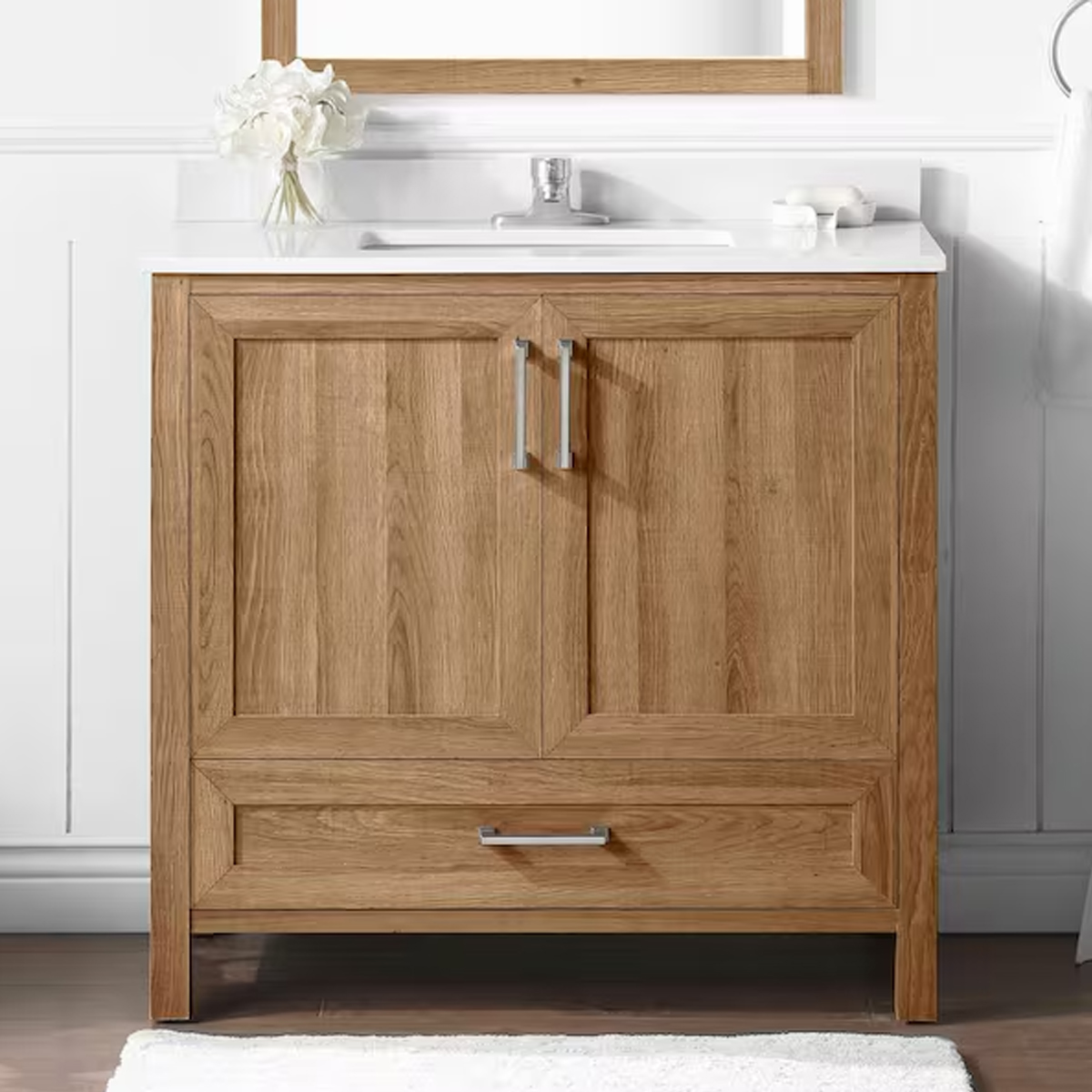 Home Decorators Collection Moorside 36 in. Single Sink Sweet Maple Bath Vanity with White Engineered Stone Top (Assembled)