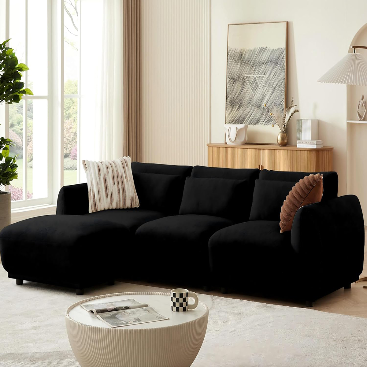 L Shaped Modular Sectional Couch with Removable Ottoman, Convertible Cloud Sofa for Living Room,Comfort Small Couch for Small Spaces(3 Set + 1 Ottomans - Black)